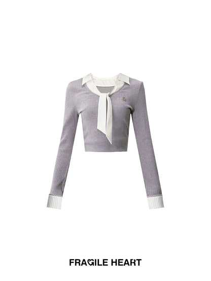 Tie-Neck Faux Layered Rib Knit Top