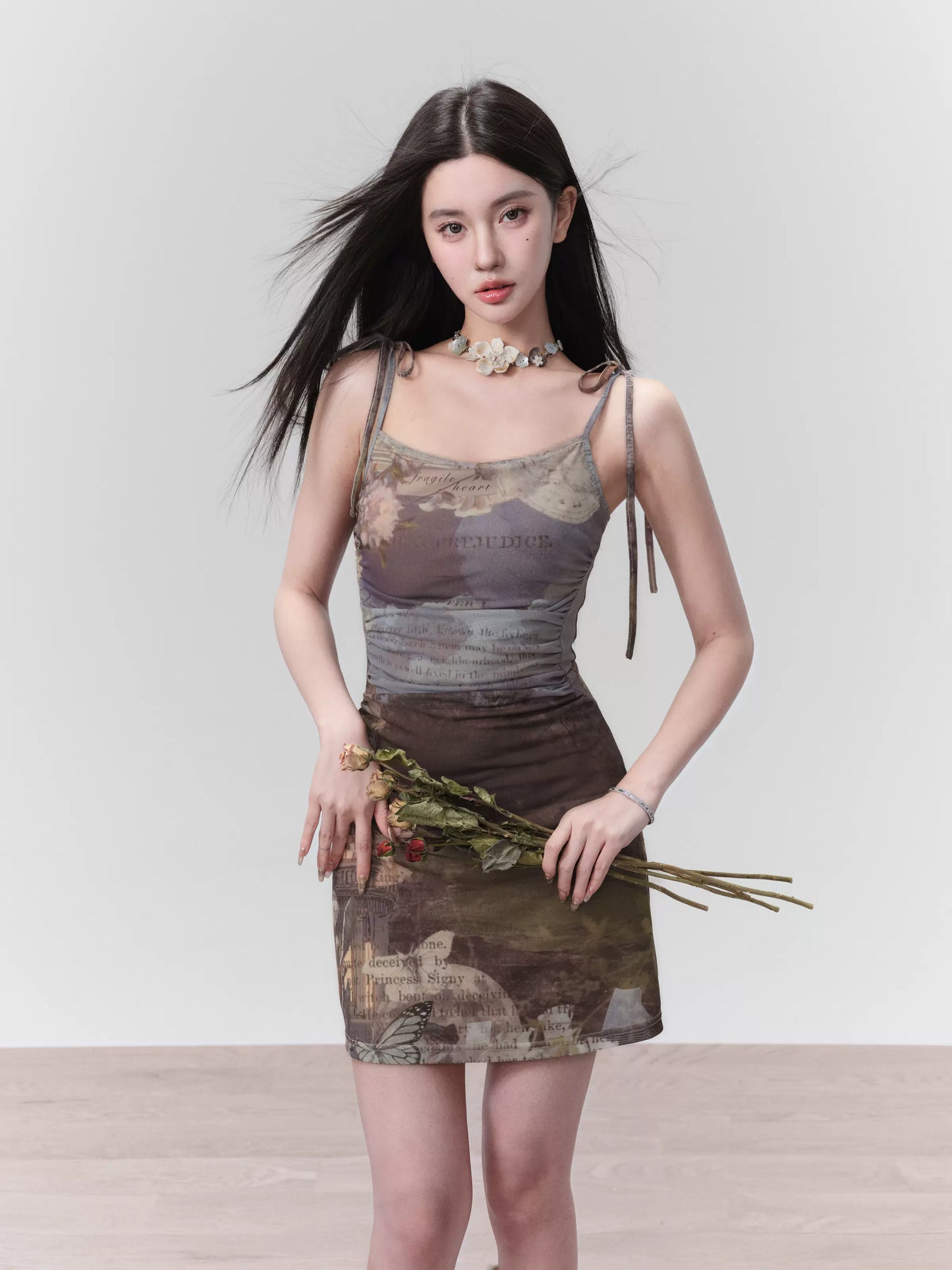 Mesh Oil Painting Print Bodycon Camisole Dress