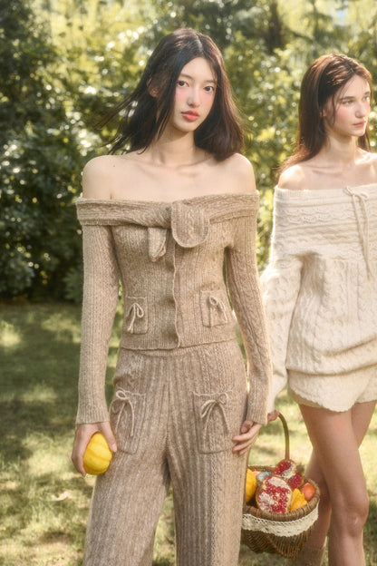 Off-Shoulder Pointelle Knit Top & Pants With Bow Details