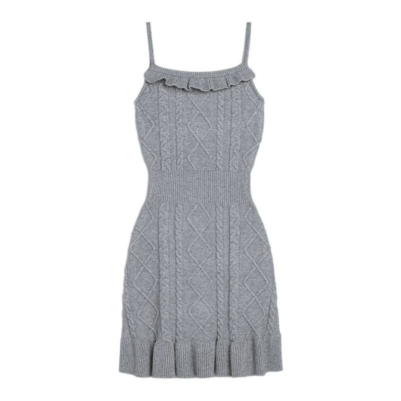 Diamond Cable Knit Short Camisole Dress with Ribbed Frills