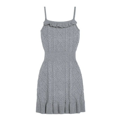 Diamond Cable Knit Short Camisole Dress with Ribbed Frills