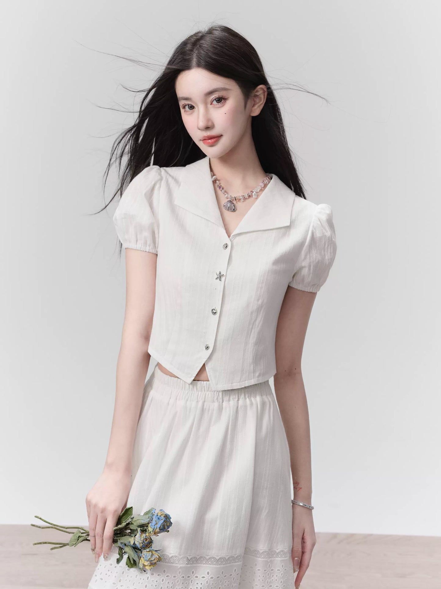 Mix And Match Puff-Sleeved Shirt And Long Frilled Skirt