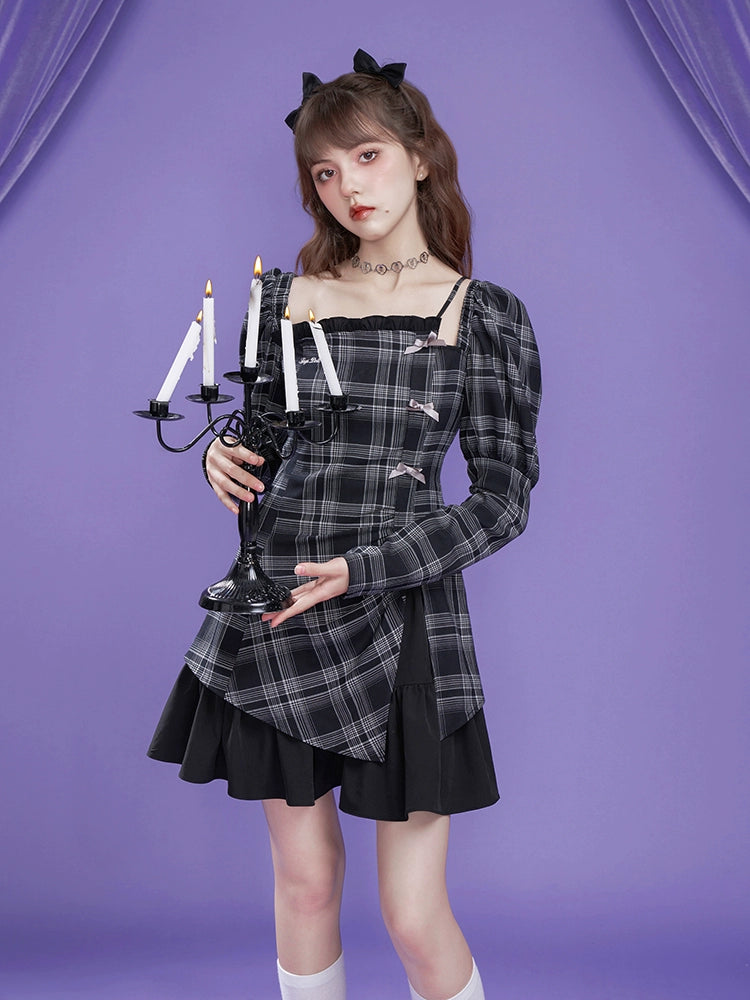 Layered Look Plaid Long Sleeved Asymmetrical Dress