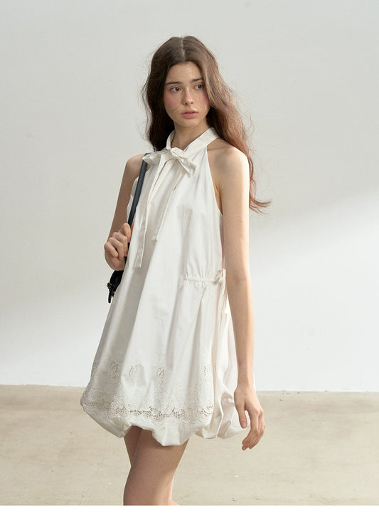 Embroidered Tie Neck Bubble Mini Dress