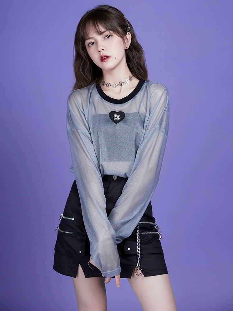 Oversized Long Sleeve Sheer T-Shirt With Heart Patch