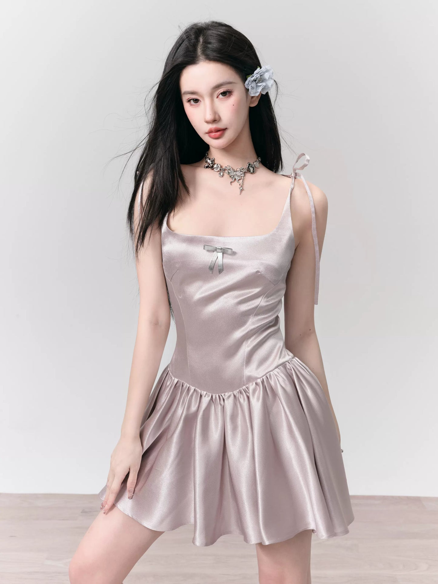 Satin Flowy Short Dress With Removable Faux Leather Bow