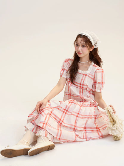 Plaid Square-Neck Blouse & Matching Volume Skirt
