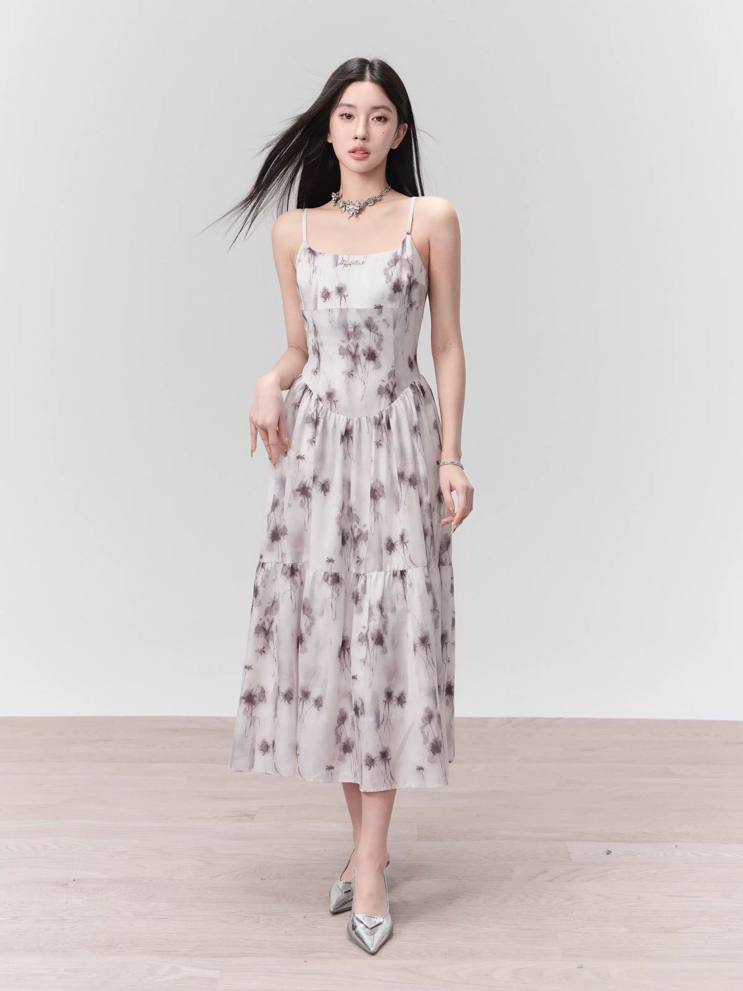 Rose Floral Smudged Ink Style Long Camisole Dress