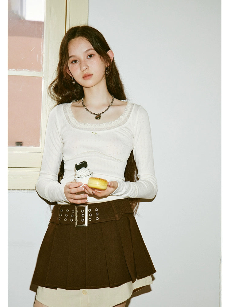 Lace Splicing U-neck Long-sleeved T-Shirt