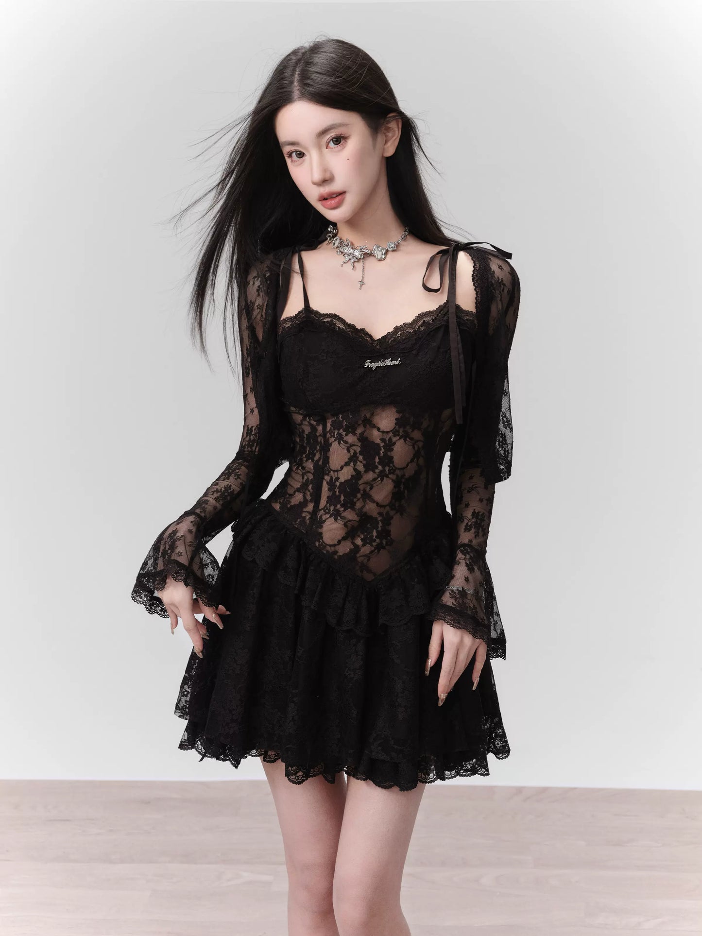 Lace See-Through Cami Dress And Matching Long Sleeved Top