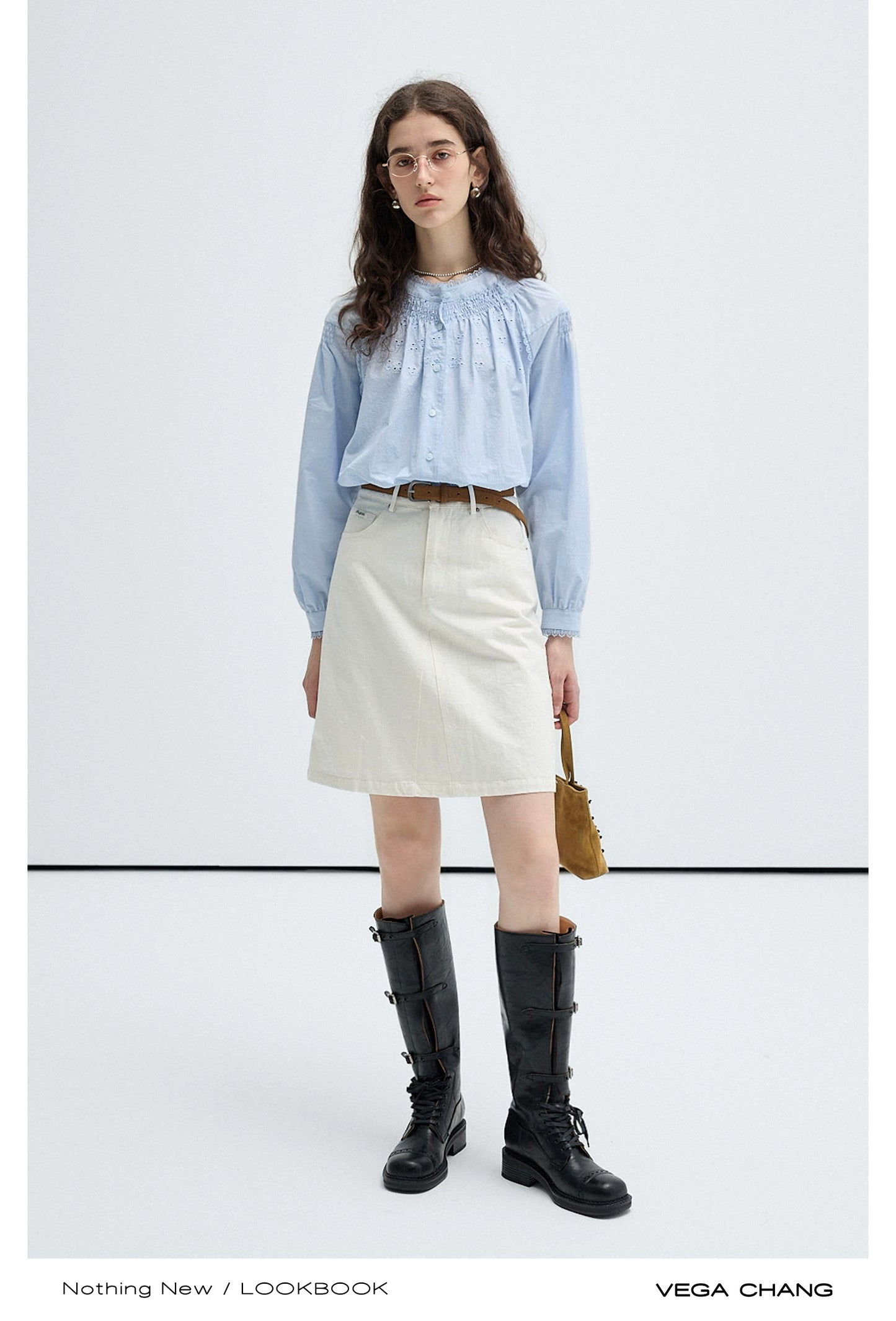 Embroidered Balloon Sleeve Blouse And Denim Skirt