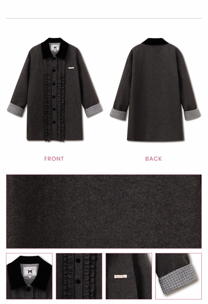 Wool Blend Short Coat With Frilled Placket