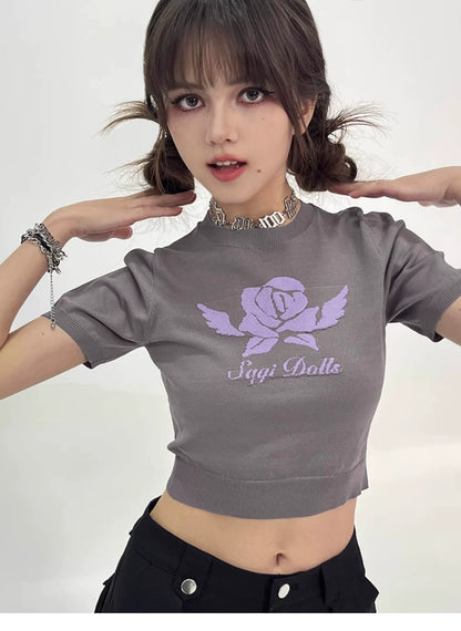 Jacquard Rose Motif Round Neck Cropped Knit T-Shirt