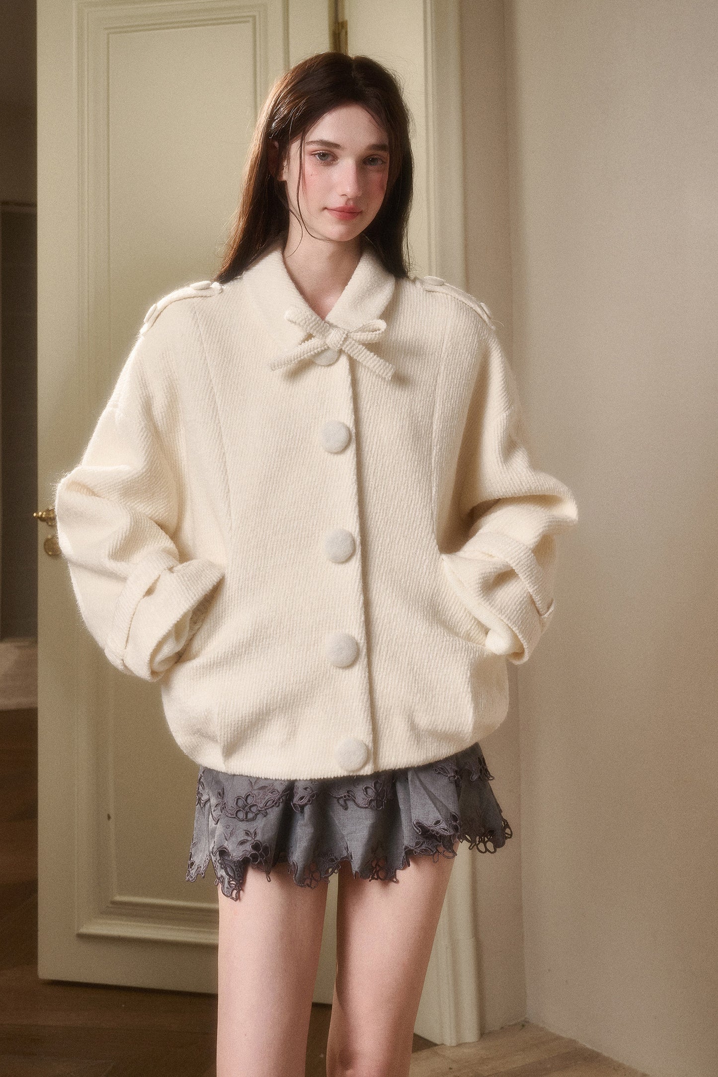 Wool-Blend Twill Jacket With Large Buttons