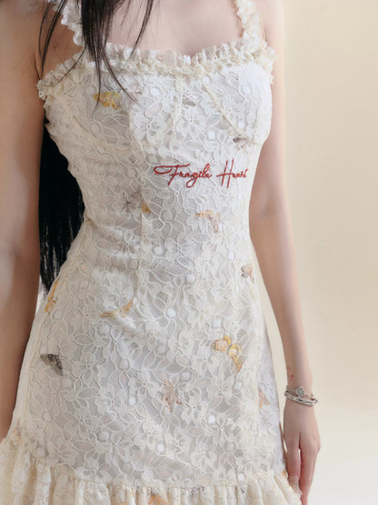 Butterfly Embroidered Lace Short Asymmetric Ruffled Dress