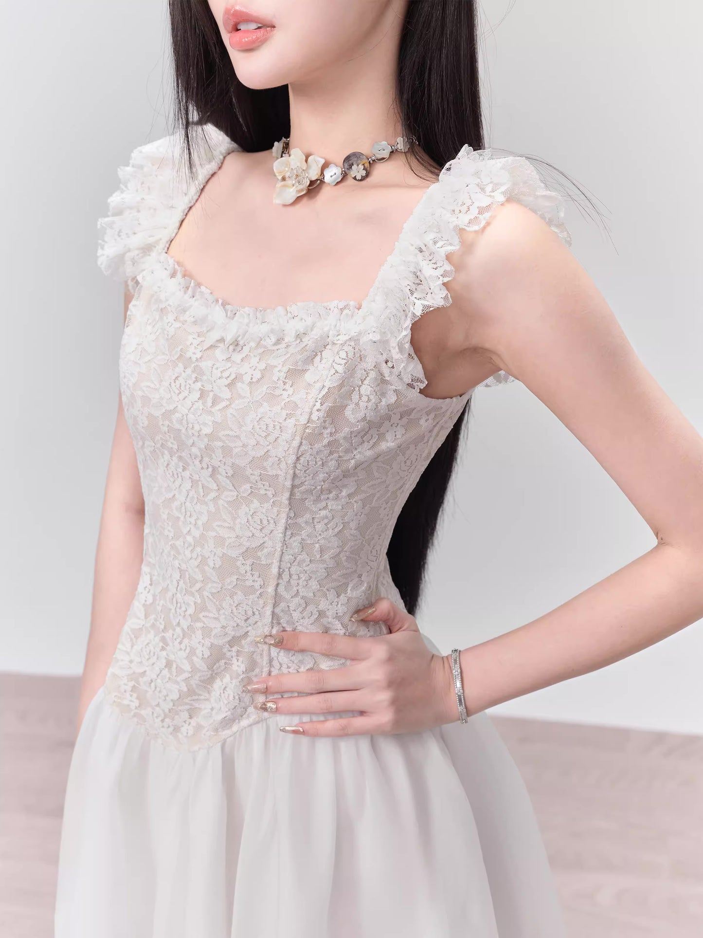 Ballet Style Frilled Lace Chiffon Flared Mini Dress