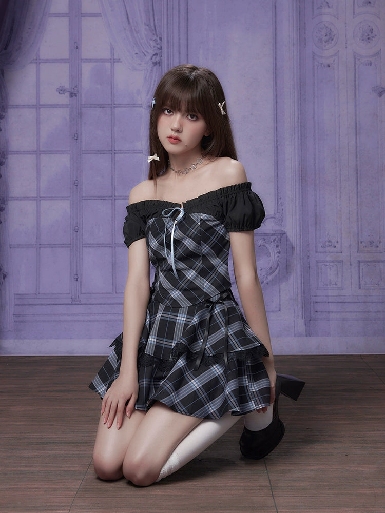 Plaid Two-Way Puff Sleeves Top And Tiered Skirt With Bows