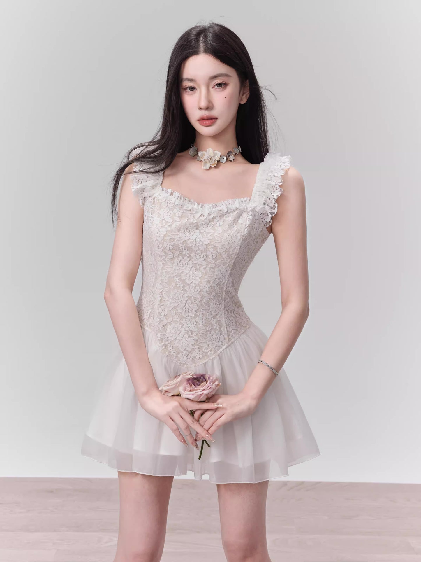 Ballet Style Frilled Lace Chiffon Flared Mini Dress