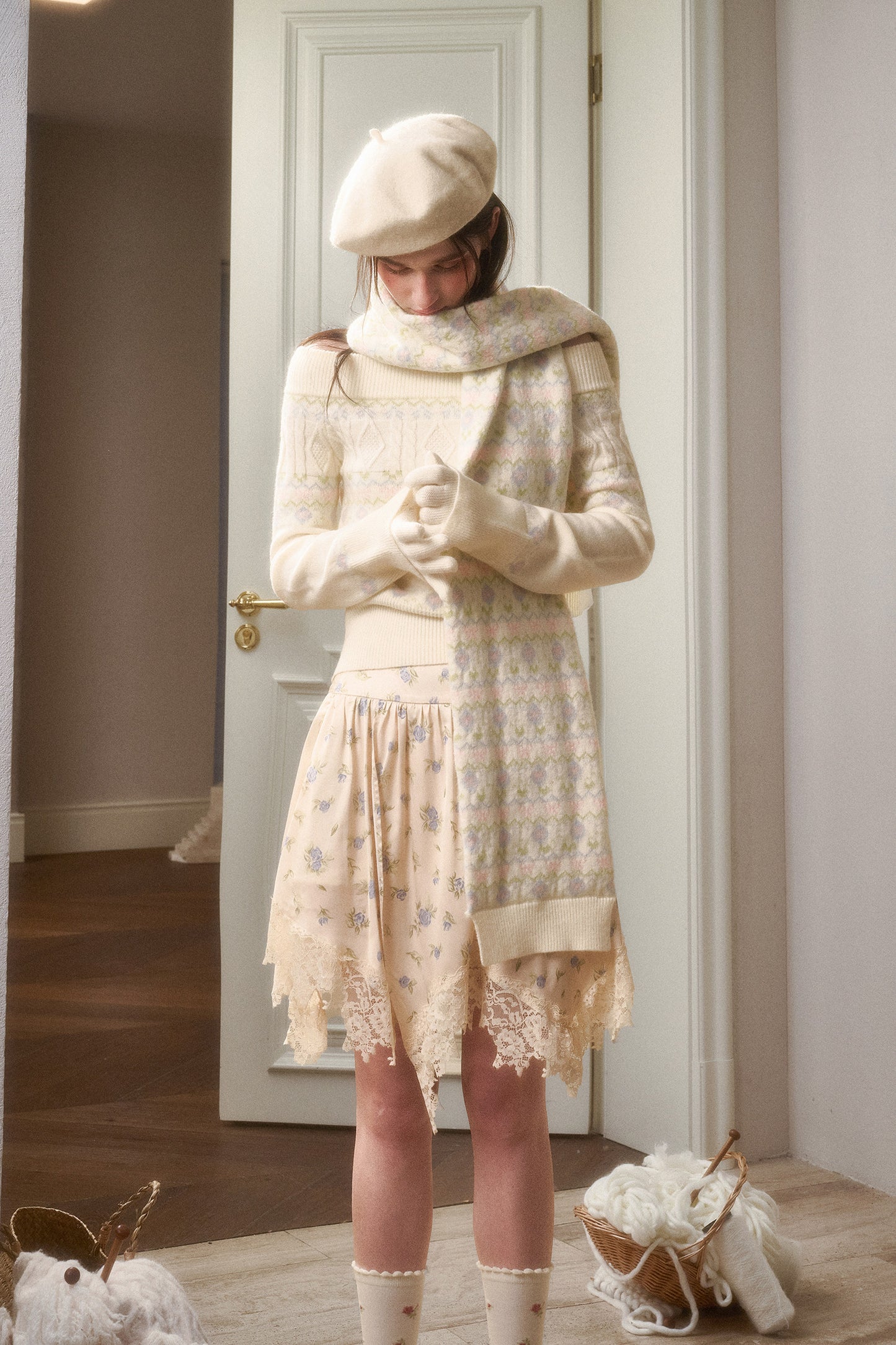 Off-Shoulder Fair Isle Sweater, Floral Skirt & Scarves