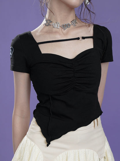 Heart Motif Embroidered Asymmetrical Cropped Top With Strap