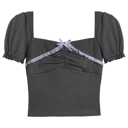 Square Neck Puff Sleeve Ruched Top With Lace Trim