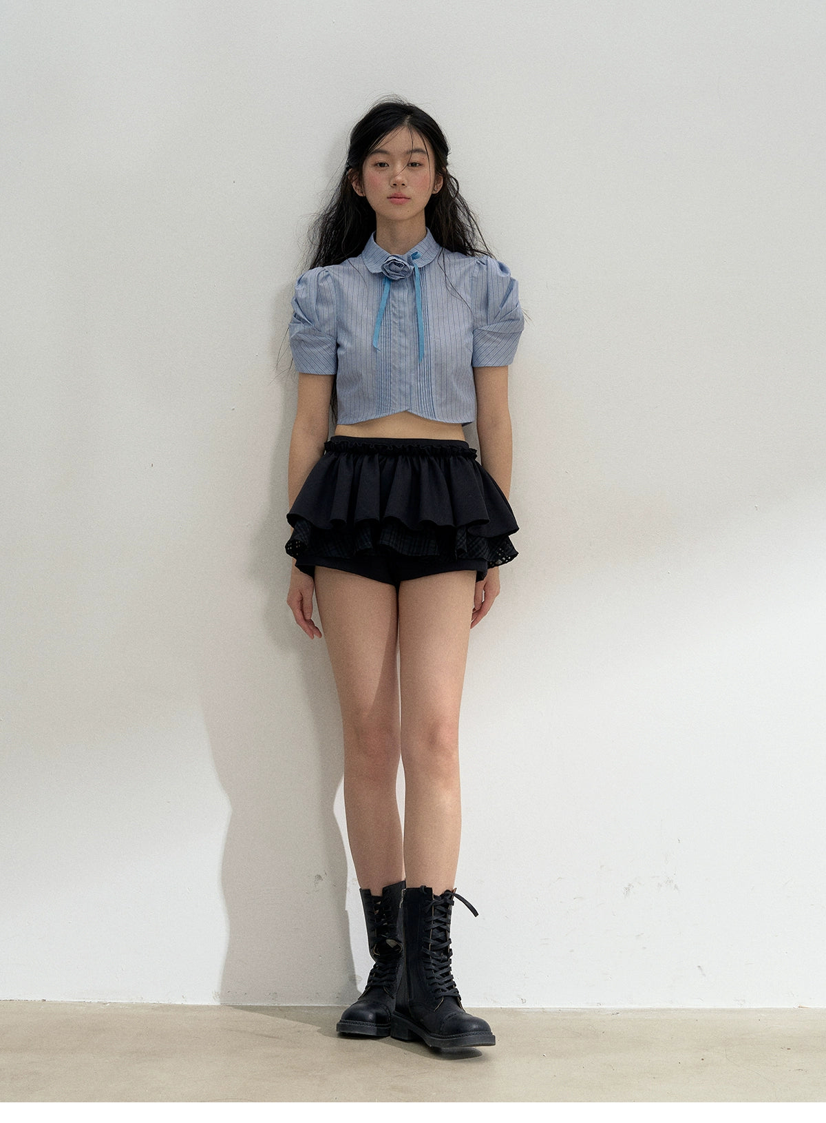 Pleated Puff-Sleeve Cropped Blouse
