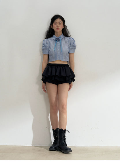 Pleated Puff-Sleeve Cropped Blouse