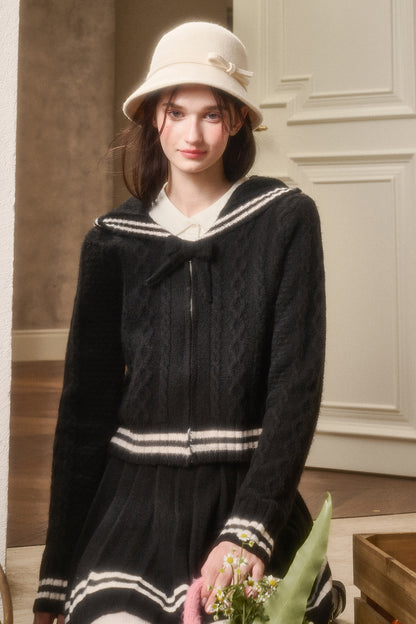 Preppy Cable Knit Zip-Up Top & Pleated Skirt