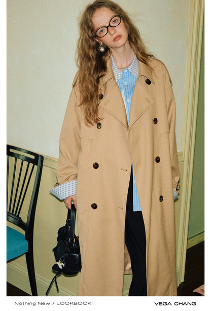 Belted Double Breast Midi Serge Trench Coat