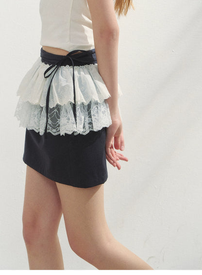Lace Layered Mini Skirt With Tie Detail