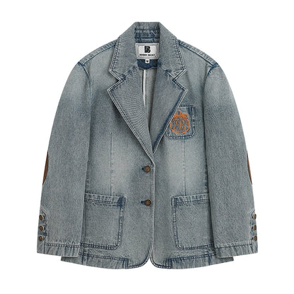 College Style Badge Embroidered Denim Jacket And Miniskirt Suit