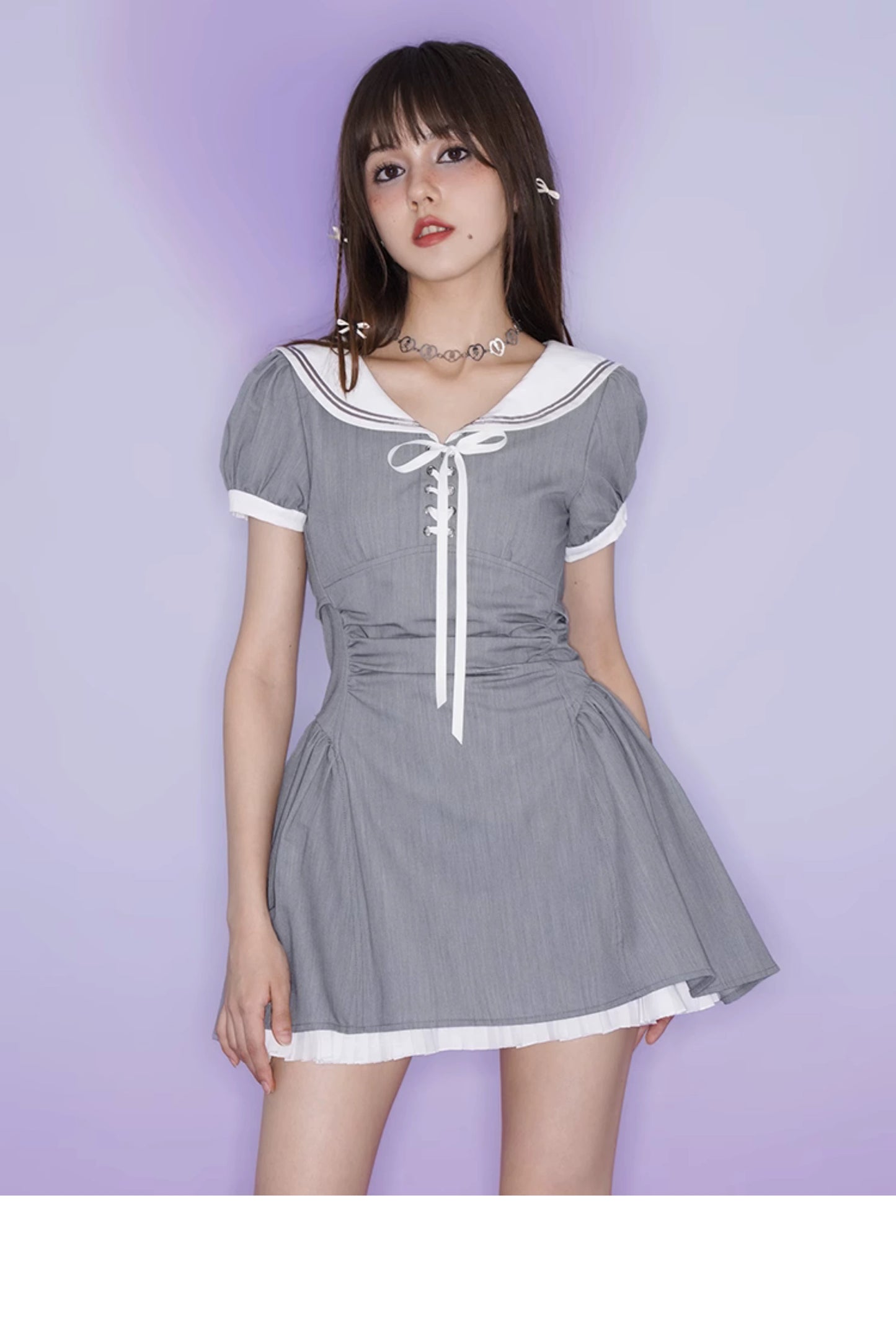 Sailor Collar Open Back Short Dress With Bow Accent