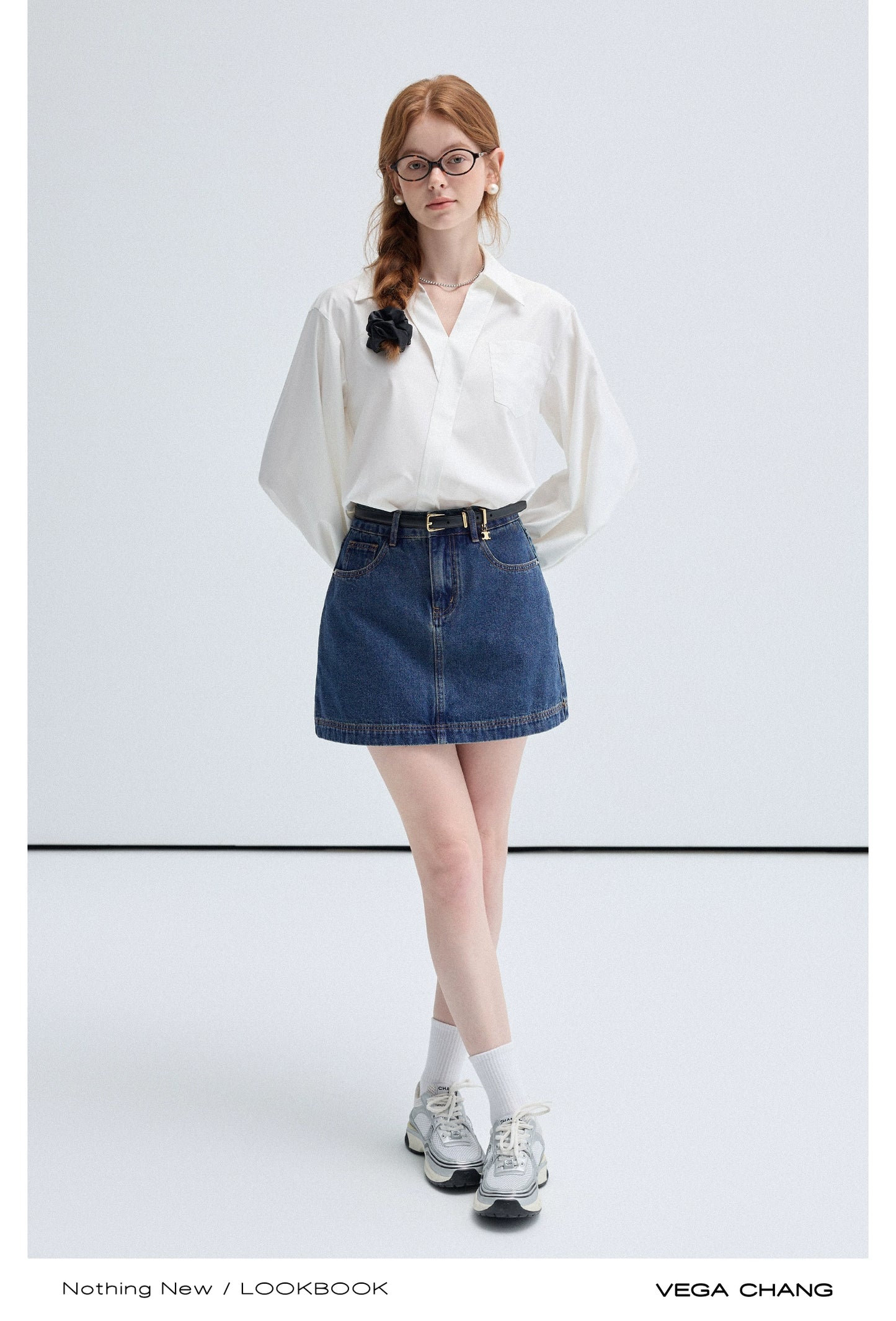 Embroidered Balloon Sleeve Blouse And Denim Skirt