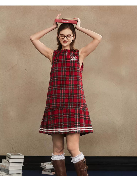 Preppy Style Pleated Wool Plaid Miniskirt Vest One-Piece Dress