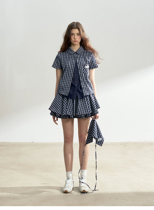 Multi-Layer Plaid Puffy Skirt With Triangle Scarf