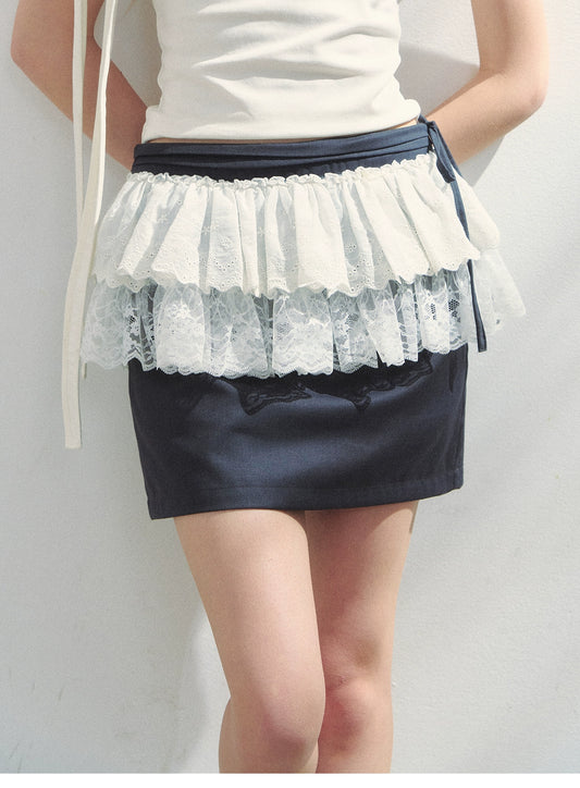 Lace Layered Mini Skirt With Tie Detail