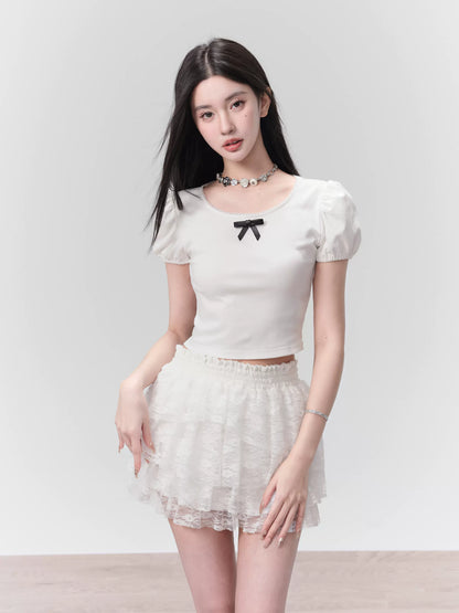 Basic Puff Sleeve Short Top And Ruffled Lace Skirt