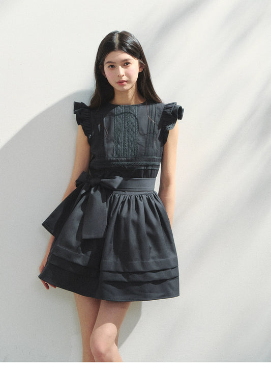 Butterfly-Sleeve Pleated Dress With Bow Waist