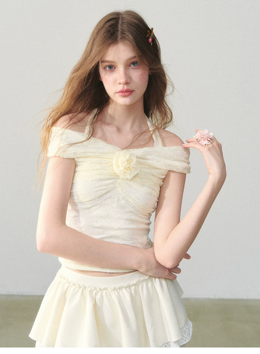 Off-Shoulder Fitted Top With Flower Accent