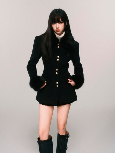 Fur Trim Wool Blend Fitted Short Jacket (hover)