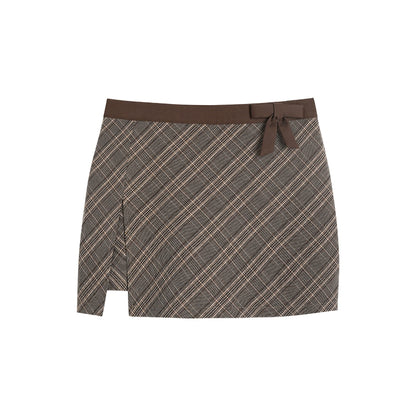 Brown Checked Bow and Slit Details Low Rise Skort Pants