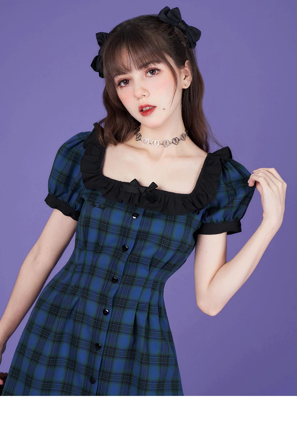 Plaid Frilled Square Neck Short Dress Fitted At Waist