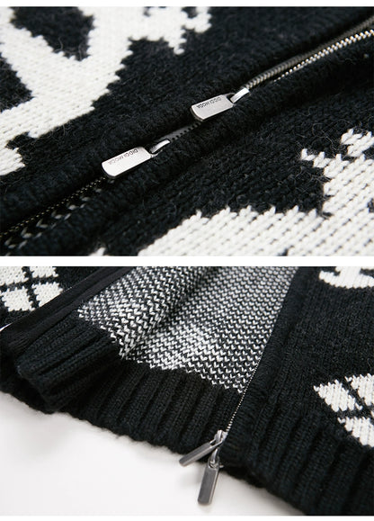 Jacquard Penguin Knit Hoodie With Removable Fur