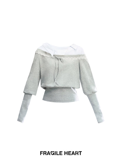 Faux Layered Off-Shoulder Sweatshirt & Striped Pleated Skirt