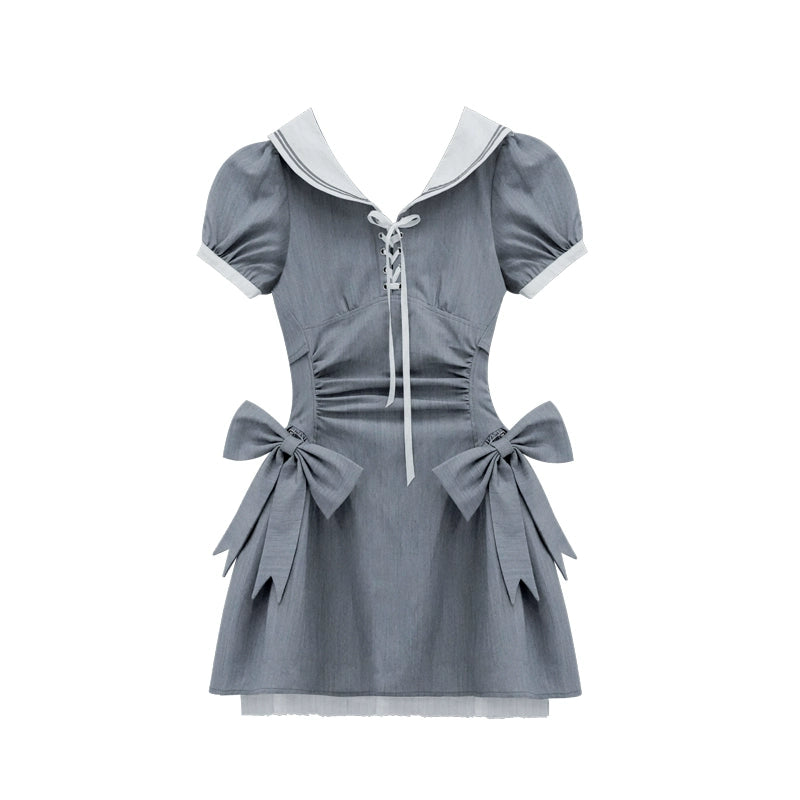 Sailor Collar Open Back Short Dress With Bow Accent