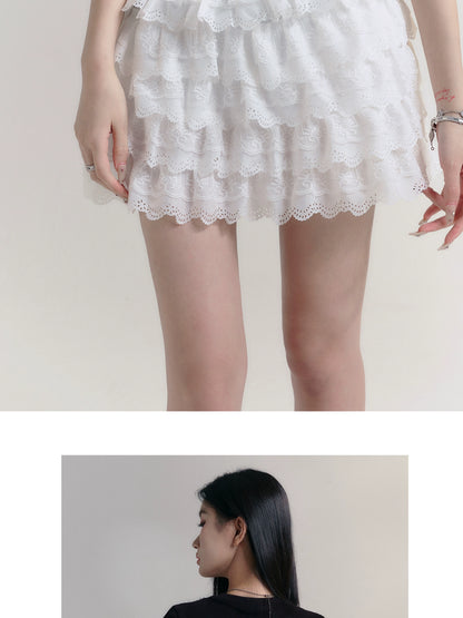 Multi-Layered Ruffled Lace Mini Skirt With Bow Accent