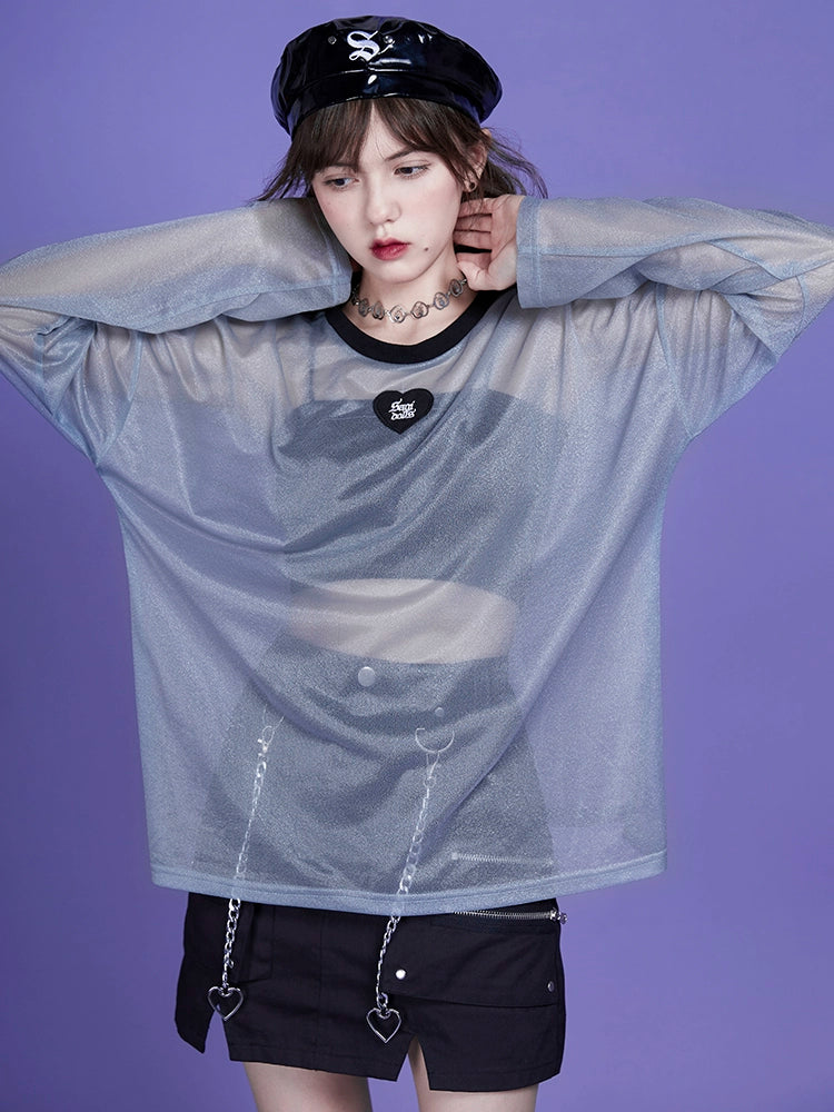 Oversized Long Sleeve Sheer T-Shirt With Heart Patch