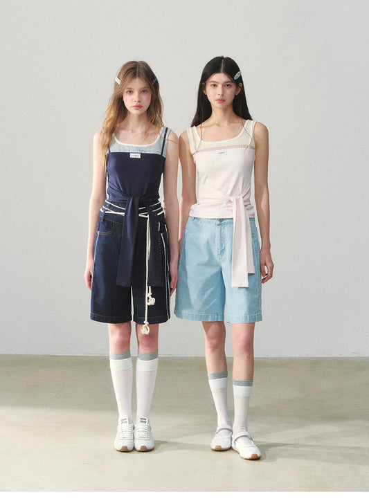 Double-Waist Bermuda Pants With Lace Trim