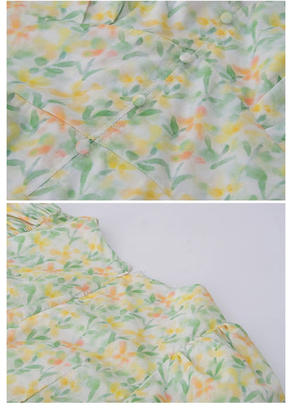 Bubble Sleeve V-Neck Floral Mini Dress
