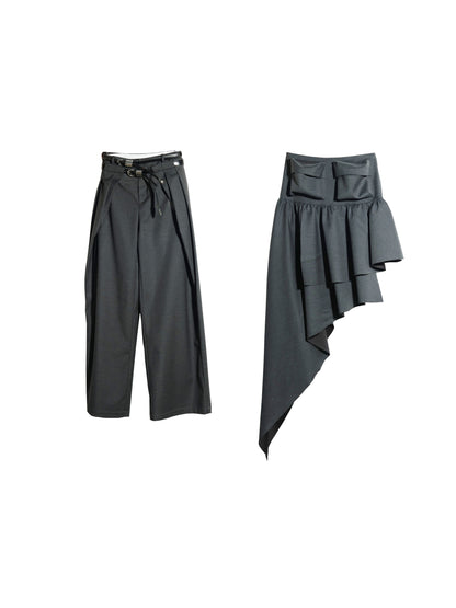 Double Waist Pants With Belt / Asymmetric Pocket Skirt